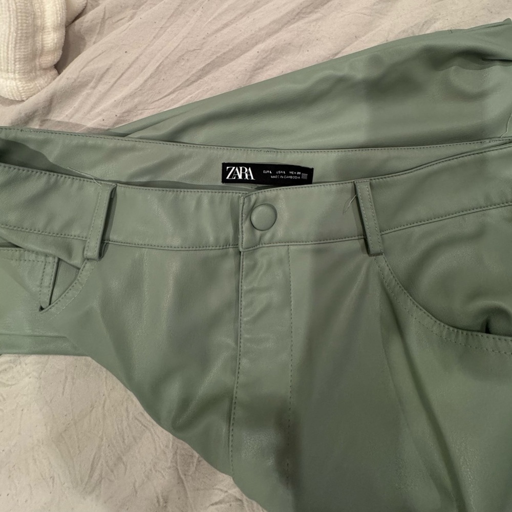 Zara Light Green Faux Leather Trousers